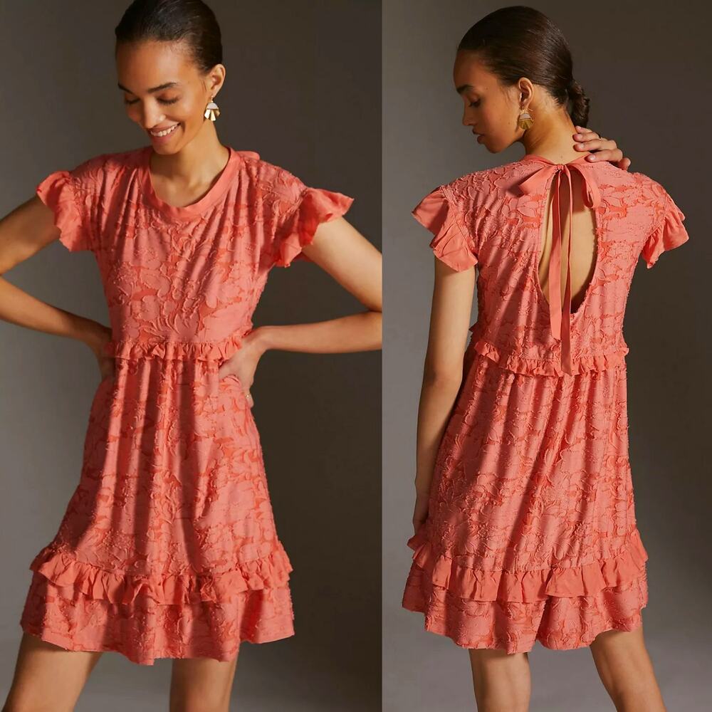 By Anthropologie Mini Dress Ruffle Knit Tie Open Back Swing Coral Orange XS